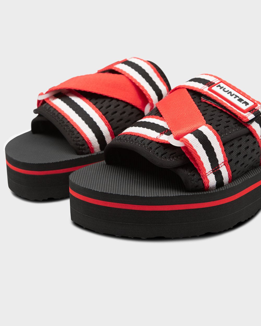 Womens Hunter Original Flatform Beach - Slides Black/White/Red - 7869-HDJKO